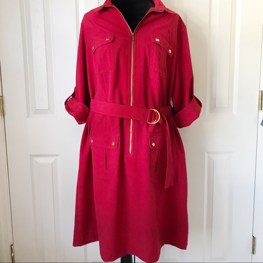 SHARAGANO Red Belted Utility Dress Size 20W